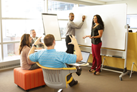 Ryan Klein, developer; Tara White, business systems analyst; Ben Rottinghaus, app development manager; Justin Jemison, senior developer; Geetha Kapahi, lead business analyst, meet to talk about whatâs next in mobile development at Fifth Third Bancorp. (Photo: Business Wire)