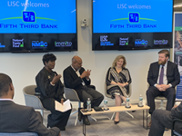 Byna Elliott, chief enterprise responsibility officer, Fifth Third Bank; Maurice A. Jones, LISC president and CEO; Catherine Cawthon, Fifth Third CDC president; and Jesse Van Tol, CEO National Community Reinvestment Coalition discuss Fifth Third's $100M investment in projects that support community development through four Opportunity Zone fund partners. (Photo: Business Wire)