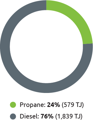 Pie chart of Direct Energy Consumption by Primary Energy Source indicating 24% Propane and 76% Diesel