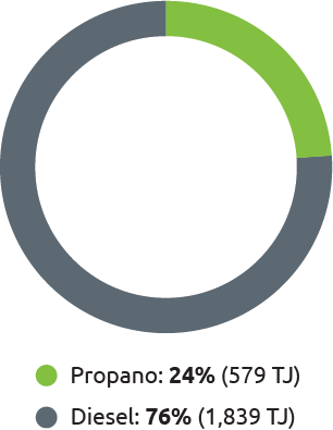 Pie chart of Direct Energy Consumption by Primary Energy Source indicating 24% Propane and 76% Diesel