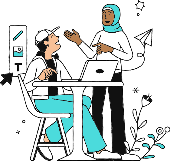 Doodle of two people talking at a desk